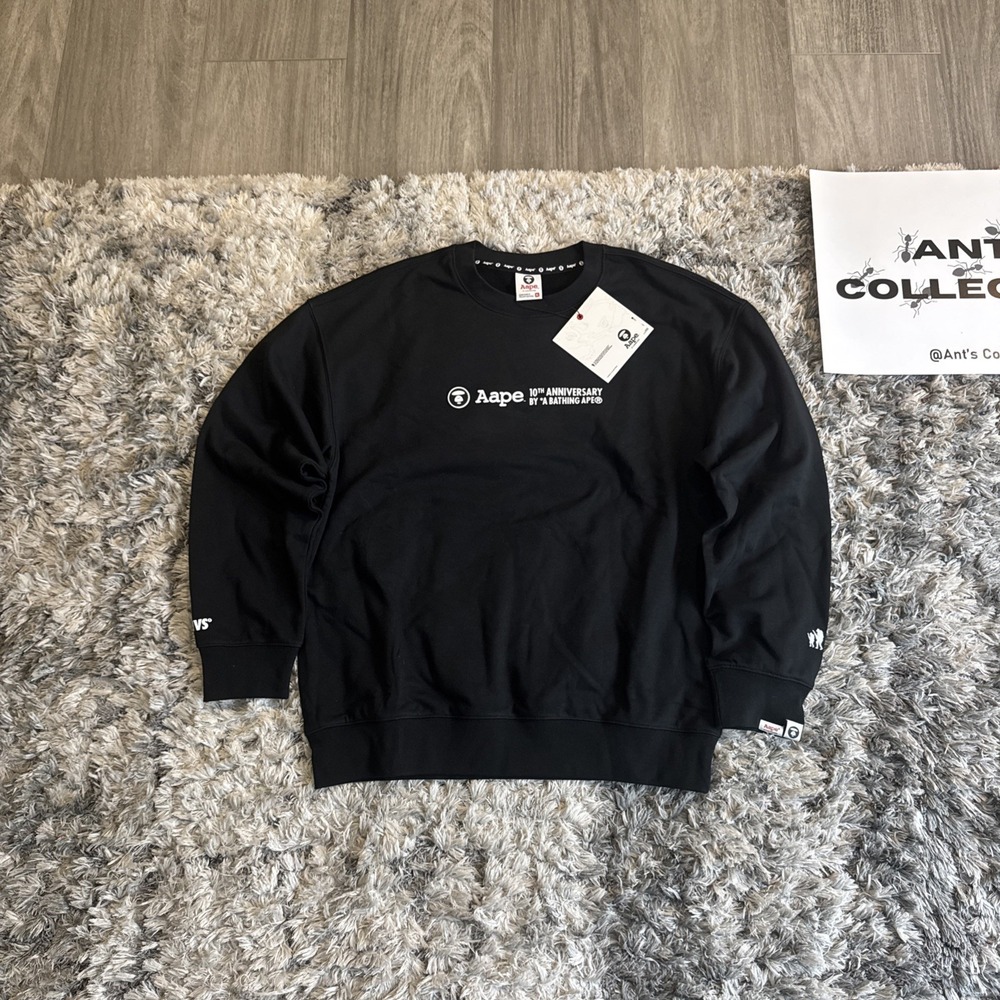 RARE BNWT Bape AAPE X Spalding 10TH Anniversary Moon Face Black Crewneck XL HTF - Picture 2 of 16